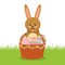 Cute rabbit with basket full easter eggs field decoration