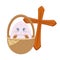 Cute rabbit in basket with wooden catholic cross
