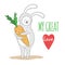 Cute rabbit with a big carrot in the paws. Hand-written inscription My great love.