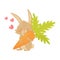 Cute rabbit with big carrot in paws, pink hearts in the air. Brown bunny with long ears and short tail. Flat vector icon