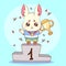 Cute rabbit bunny champion with medal and goblet first place cute animal cartoon vector illustration. For t-shirt print, kids wear