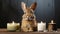 Cute rabbit with candles, studio shot in still life