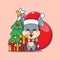 Cute rabbit carrying christmas gift. Cute christmas cartoon character illustration.
