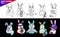 Cute rabbit cartoon coloring book page funny expression happy bunny set bundle hand drawn, astronaut, baseball, crying, shopping,