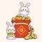 Cute rabbit with chinese lucky bag and coin.Happy new year