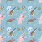 Cute rabbit dance and play guitar in flowers garden on blue background