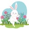 Cute rabbit dancing and flowers plants with leaves