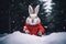 Cute rabbit dressed santa claus in forest. Generate Ai
