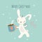 Cute rabbit drink coffee. Merry Christmas. Funny bunnies on a light background with a cup. Greeting card, banner Vector