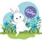 Cute rabbit with easter sticker and flowers plants with leaves