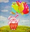 Cute rabbit flying with colorful balloons to the sky
