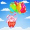 Cute rabbit flying with colorful balloons to the sky