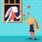 Cute rabbit giving rose flower, Greeting card vector illustration