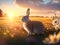 cute rabbit on grass flower field over sunset warm light bokeh background.