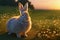 Cute rabbit on green lawn with daisies at sunset. Bunny on walk on green grass with wild flowers, chamomiles. Generative