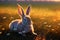 Cute rabbit on green lawn with daisies at sunset. Bunny on walk on green grass with wild flowers, chamomiles. Generative