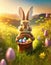 Cute rabbit holding a basket with colorful Easter eggs walking a footpath through the spring meadow with blooming flowers