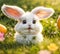 Cute rabbit on the lawn spring sunny holiday traditional decorated greeting garden friend beautiful small decorative fluffy