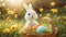 Cute rabbit on the lawn spring sunny natural season decorated greeting garden friend beautiful small decorative fluffy