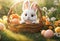 Cute rabbit on the lawn spring sunny season decorated greeting garden friend beautiful small decorative fluffy