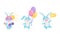 Cute Rabbit with Long Ears Greeting, Holding Bunch of Balloons and Sun Bathing Vector Set