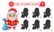 Cute rabbit in New Year Santa Claus costume find shadow shape. Christmas bunny education match children puzzle game. Vector