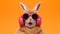 A cute rabbit rocking pink headphones and sunglasses. AI Generated
