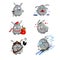 Cute rabbit set. Grey funny rabbit with presents, hearts, skiing, rabbit pirat, crying and sick rabbit.