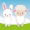 Cute rabbit and sheep in the field landscape characters