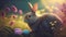 Cute rabbit sits on the meadow. Easter eggs. Easter background