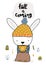 Cute rabbit sitting with a hot drink and covered with a blanket. Fall, autumn illustration. Vector