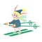 Cute rabbit skiing. Bunny boy in a warm winter clothes. Cartoon forest character