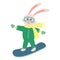 Cute rabbit snowboarding. Bunny boy in a warm winter clothes. Cartoon forest character