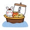 Cute rabbit stay on chinese boat with money and gold.Barque have chinese text mean lucky.