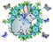 Cute rabbit surrounded by flowers and butterflies - spring Easter vector full color illustration. A beautiful bunny with a bow on