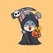 Cute rabbit wearing grim reaper costume holding scythe and halloween pumpkin