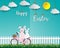 Cute rabbits on bicycle happy in the garden for Easter holiday,celebrate party,invitation or greeting card