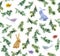 Cute rabbits, birds, branches christmas tree. Seamless pattern. Watercolor