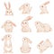 Cute rabbits with pink ears in different funny poses. Characters for easter design. Imitation of handmade watercolor