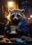 Cute raccon in blue coat drinking coffee