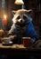 Cute raccon in blue coat drinking coffee