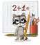 Cute Raccoon baby is trying to count. Studying numbers and counting. Funny animal kid. Stationery and pencil. Writes in