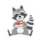 Cute Raccoon Character Sitting With Plate Piece Of Cake
