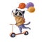 Cute raccoon driving scooter with balloons, watercolor illustration, holiday clipart with cartoon character