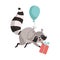 Cute Raccoon Flying with Balloon with Gift Box, Funny Humanized Grey Coon Animal Character Vector Illustration