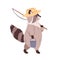 Cute raccoon going with fishing rod. Funny adorable animal, kids character. Racoon fisher relaxing in nature on summer