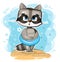 Cute Raccoon got ready to swim in an inflatable ring on beach. Funny comic baby animal. Young cute cartoon style