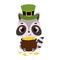 Cute raccoon in green leprechaun hat holds bowler with gold coins. Irish holiday folklore theme. Cartoon design for