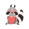 Cute Raccoon with Heart Shaped Eyes Holding Red Heart, Funny Humanized Grey Coon Animal Character in Love Vector