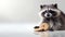 Cute Raccoon Holding Cookie. On light background. With copy space. Funny animal. Suitable for comedic content or